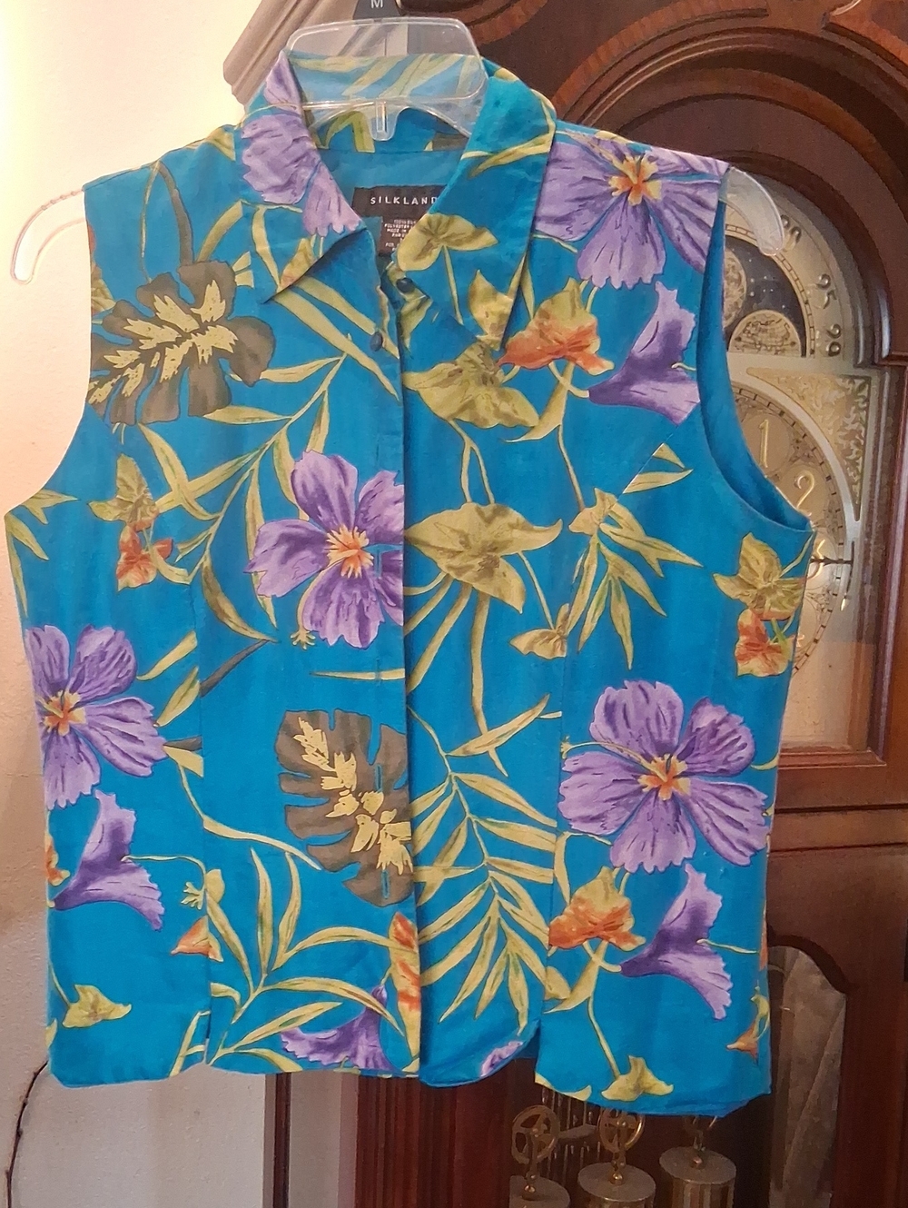 SilkLand Teal Floral Sleeveless Button-Down Shirt